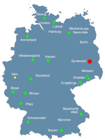 Kort over Tyskland med Spreewald markeret
